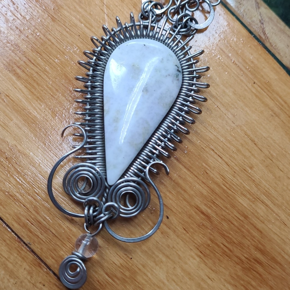 White jade tribal necklace handmade silver unique